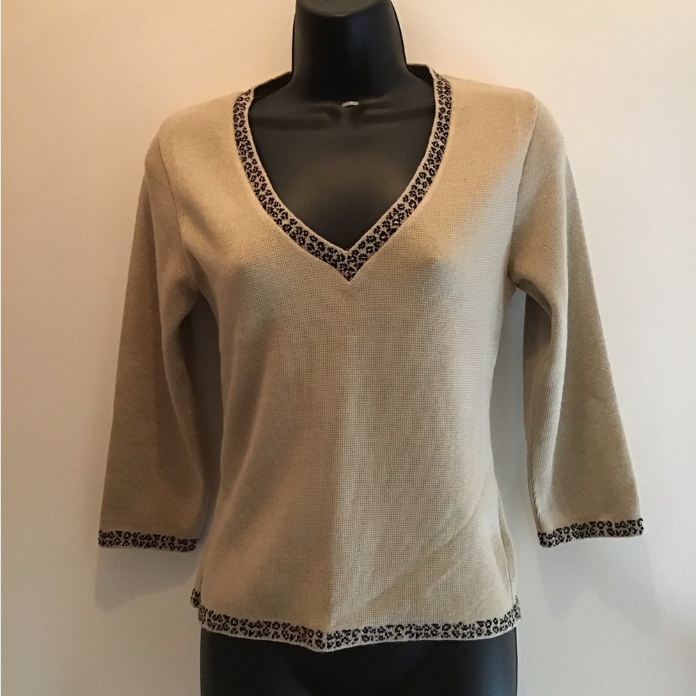 Lurex Leopard Trim V Neck Sweater w/ 3/4 sleeves